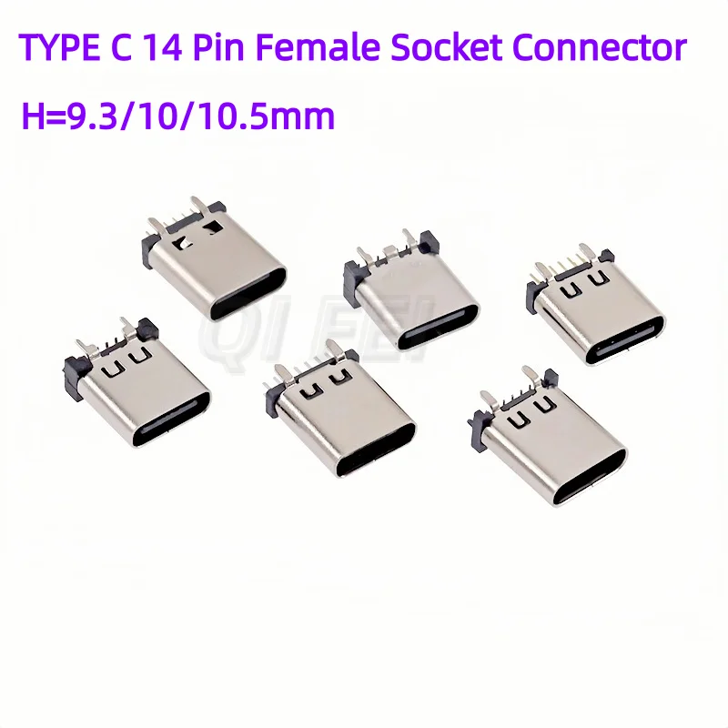 5pcs TYPE C 14 Pin Female Socket Connector SMT DIP Vertical 180° Charging Port Plug Socket Power USB TYPE-C14P H=9.3/10/10.5mm