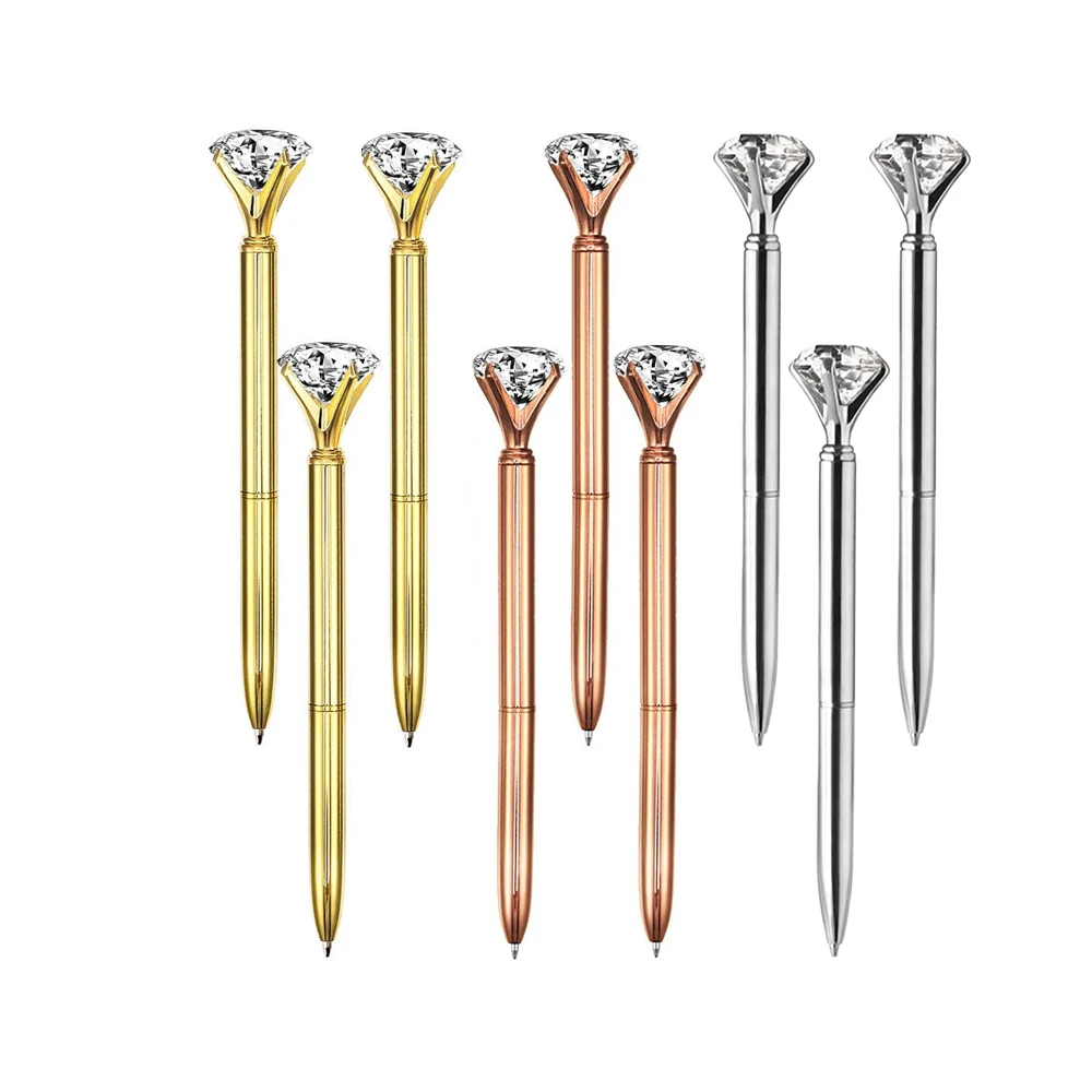 

1000Pcs/Lot Big Diamond Crystal Ballpoint Pen Office School Wedding Gift Metal Rose Gold Custom Logo Name DIY Black Blue Ink