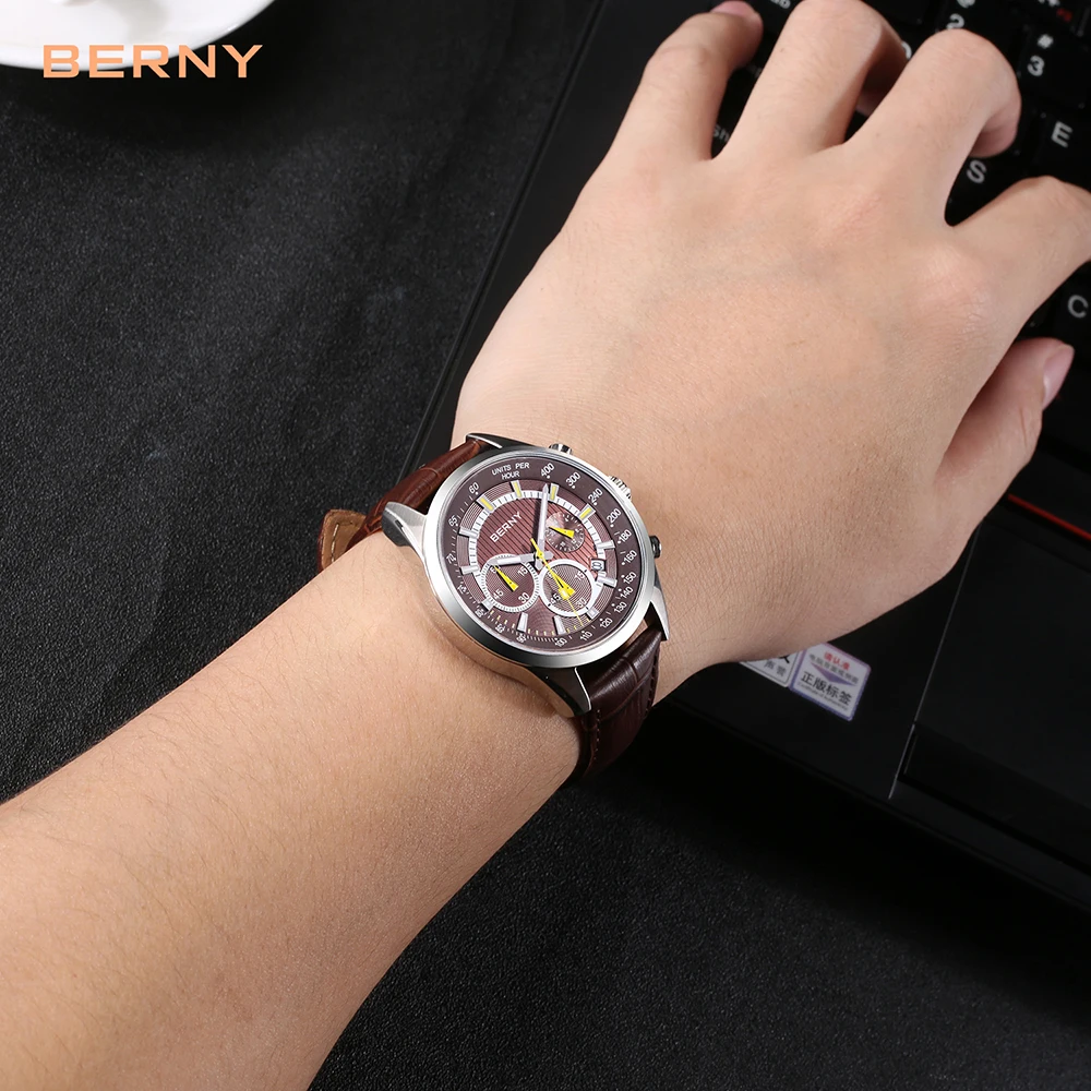 BERNY VD55 Quartz Sports Wristwatch Super Luminous Watch for Men Date Leather Strap Chronograph Mens Watches Top Brand Luxury