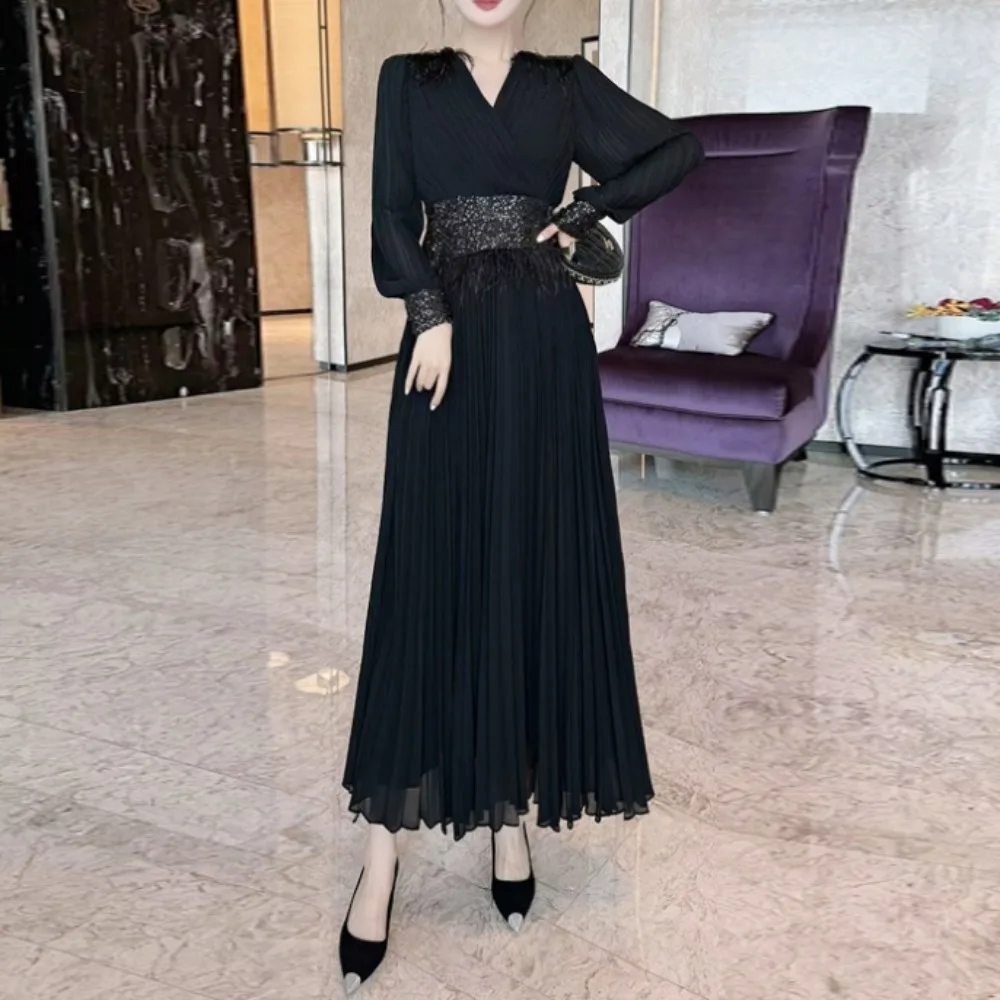 Chic Korean Loose V-neck Long Sleeve Pleated Embroidered Sequin Dress High Street Evening Party Vintage Women Autumn Clothing