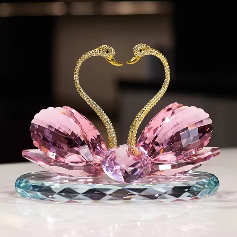 Crystal Swan Figurine Simulated Animal Sculpture Transparent Crystal Couple Swans Love Birds Heart Statue Home Decoration
