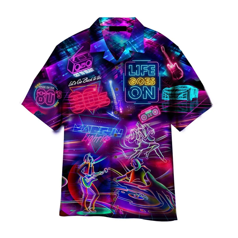 Camisas hawaianas con estampado 3D de música colorida para hombres, blusa fresca con patrones de los años 80, Tops de manga corta para vacaciones de verano, camisas sueltas Aloha