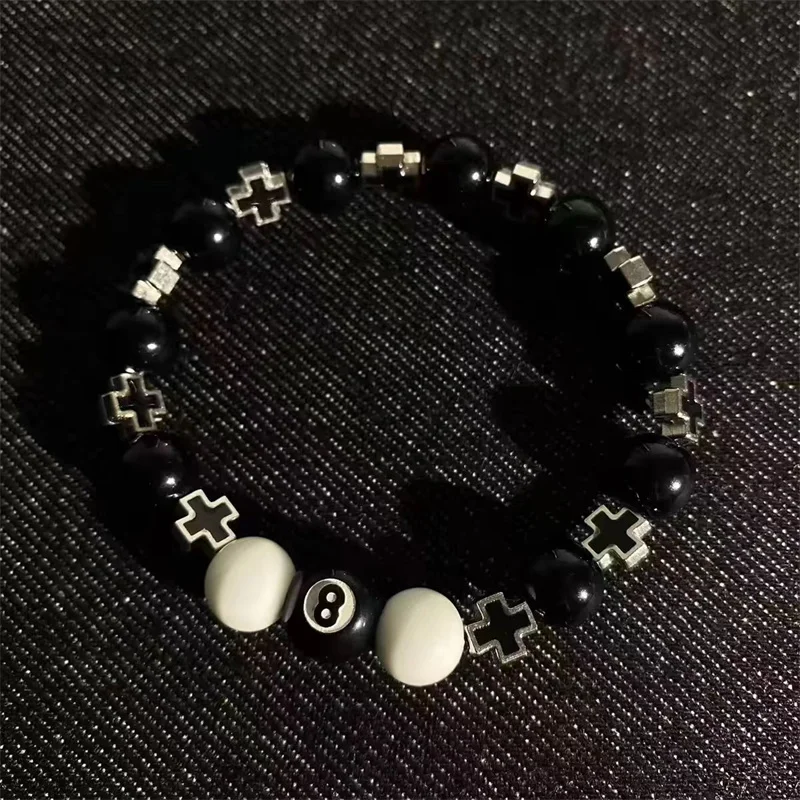 Billiard Black Eight Cross Bracelet Black And White Spliced Beads Strings For Men