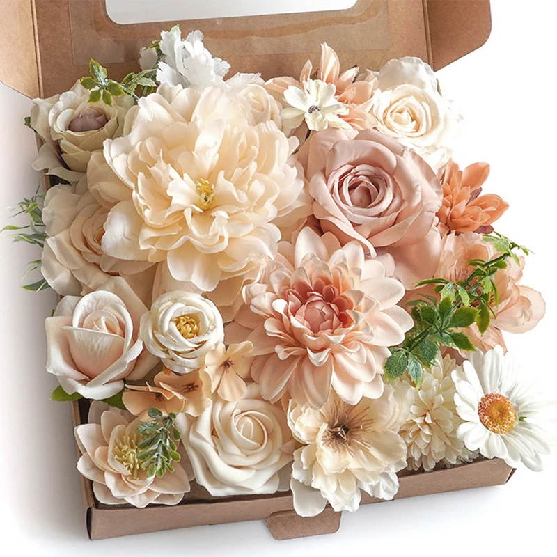 Yannew Artificial Silk Foam Flowers Combo Box Set Peach Pink with Stems for DIY Wedding Bouquets Party Centerpiece Decoration