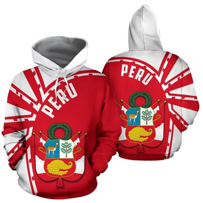 

Latin America Peru Flag Hoodie Men 3D Printed National Emblem Sweatshirt Long Sleeve Pullovers Tops Gym Sports Running Hoodies