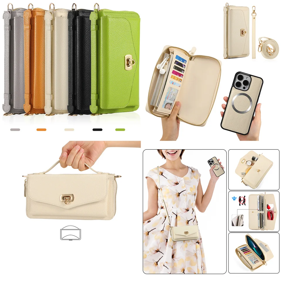 Wallet Crossbody Lanyard Case For iPhone 15 Pro Max 14 Plus 13 12 Mini 11 Fashion Detachable Zipper Handbag Card Holder Cover