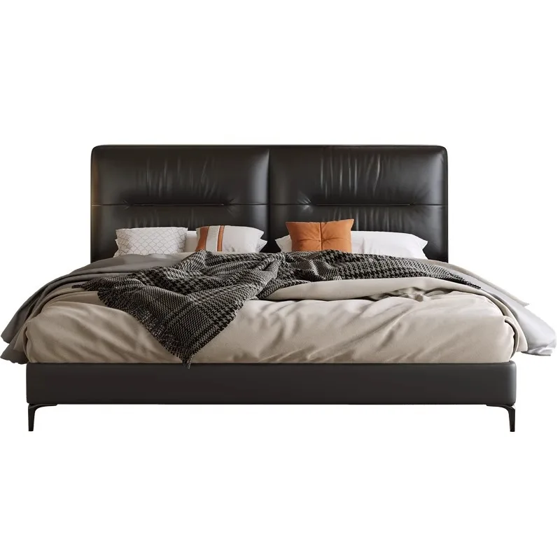 

Italian minimalist first-layer leather bed Modern minimalist leather light luxury master bedroom double bed Small apartment