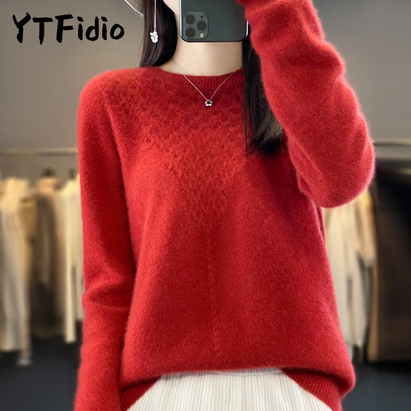 

YTFidio 100% Wool Women Twisted Flower O-Neck Long Sleeved Pullover Causal Sweaters Solid Knitted Tops Loose Pullovers 83