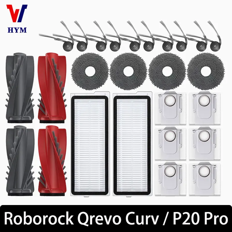 Roborock Qrevo Curv/P20 pro robotlu süpürge aksesuarları ana silindir yan fırça Hepa filtre paspas toz torbası parçalarının değiştirilmesi