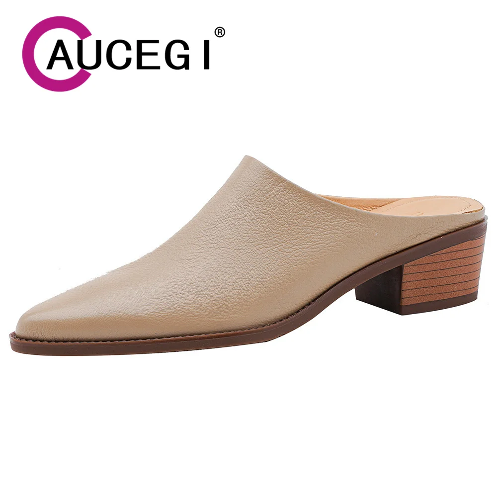 

Aucegi/2020 летние женские туфли-лодочки в классическом стиле из натуральной кожи, тапочки на низком каблуке с острым носком, пригородная модельная обувь с острым носком