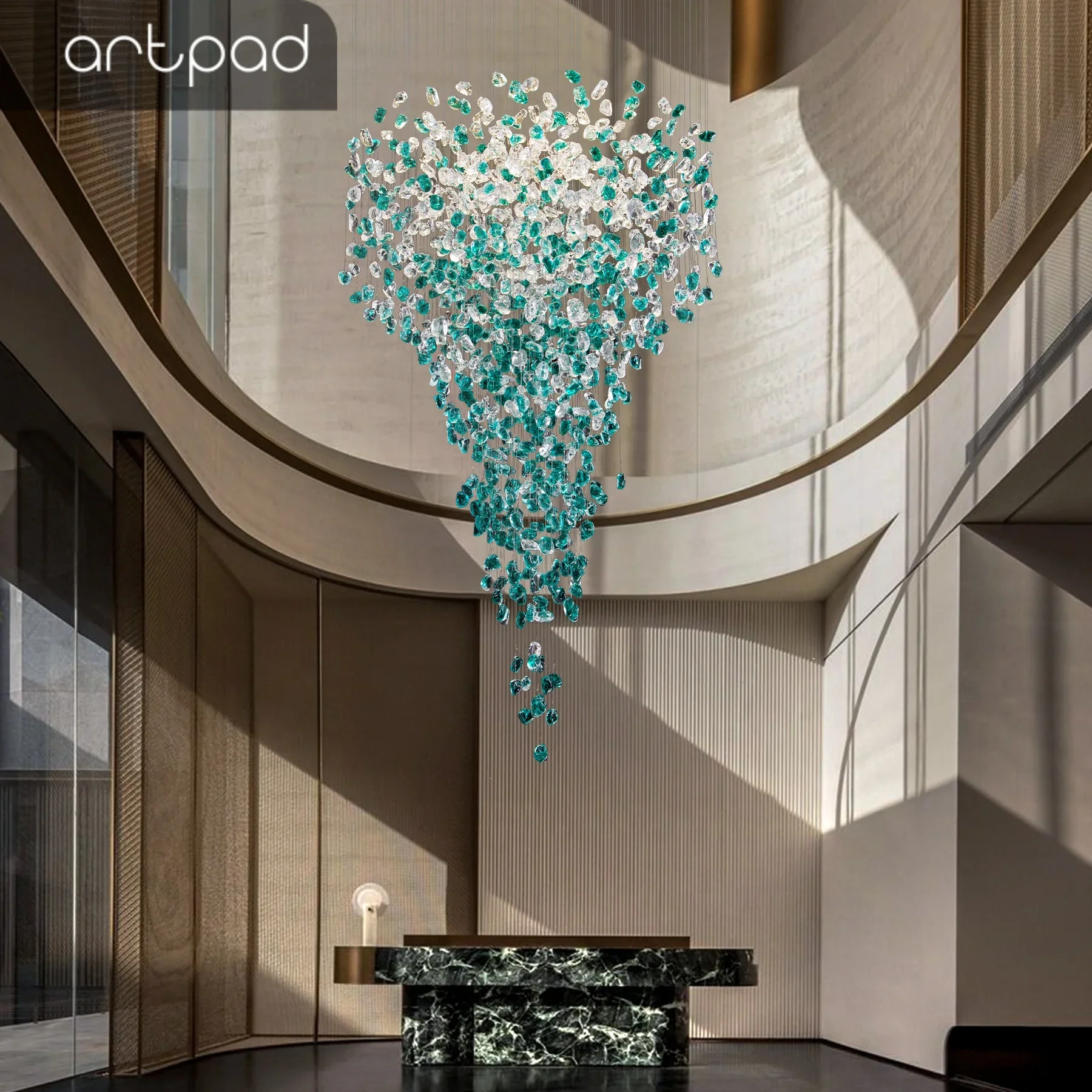 Luxury Large Green Crystal Stone Chandelier for Lobby Loft Staircase Project Modern LED Color Crystal Hanging Chandelier Custom