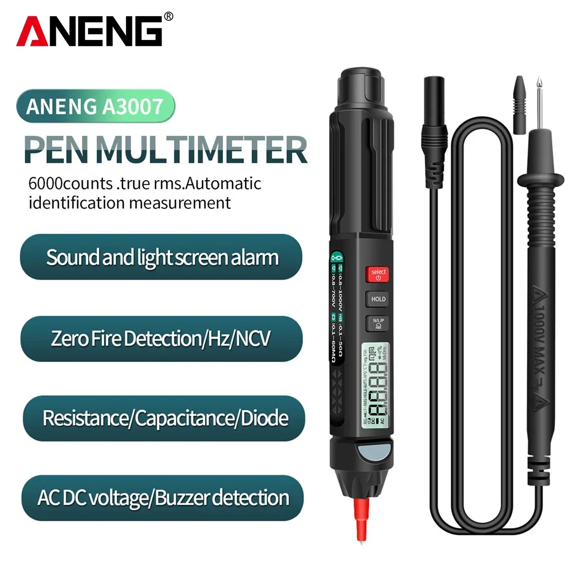 

ANENG A3007 Multimeter 6000 Count Digital Professional Pen AC/DC Voltage Meter Zero Fire Detector Capacitance Diode Ohm Tester