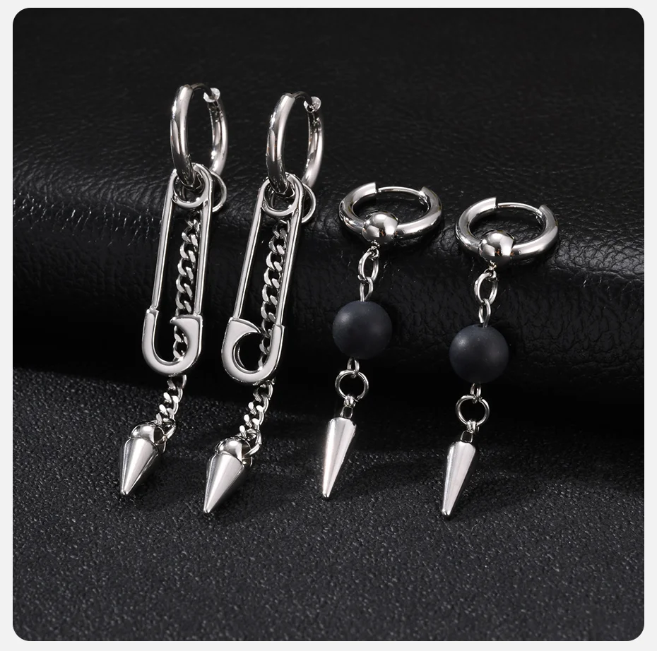 Vnox Punk Edelstahl Creolen für Männer, Schwarze Perlen-Kegel-Spikes, Sicherheitsnadel-Spikes, Hängende Gothic Hip-Hop Schmuck Geschenk – Detail 6