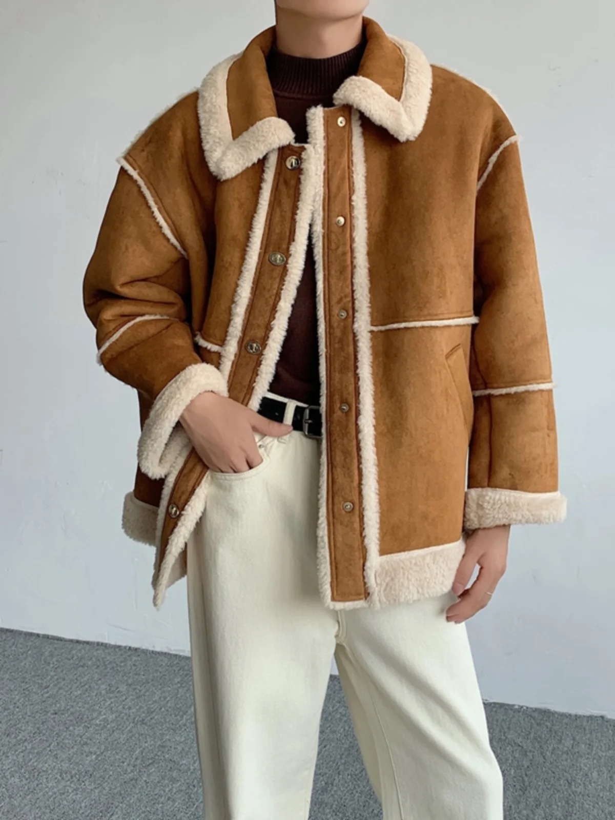 

American Retro Thiened Suede Cotton Jaet ex Loose Sle Metal Button Outerwear for Men And Women