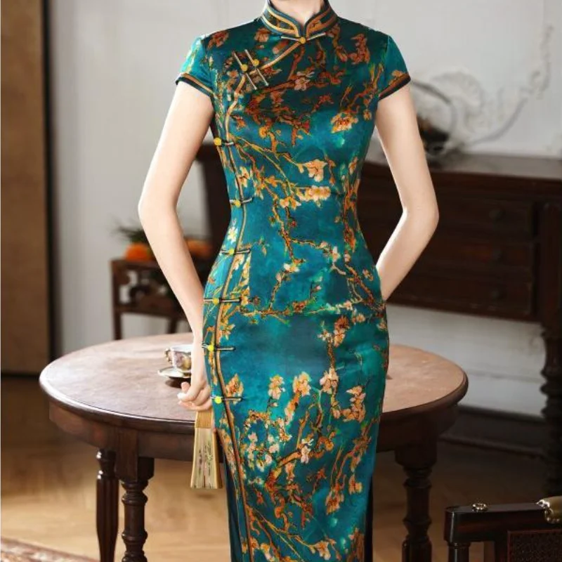 Chinese Style Women Qipao Sexy 100%silk Print Cheongsam Mandarin Collar Dress Vintage Button Elegant Vestidos Plus Size 3Xl