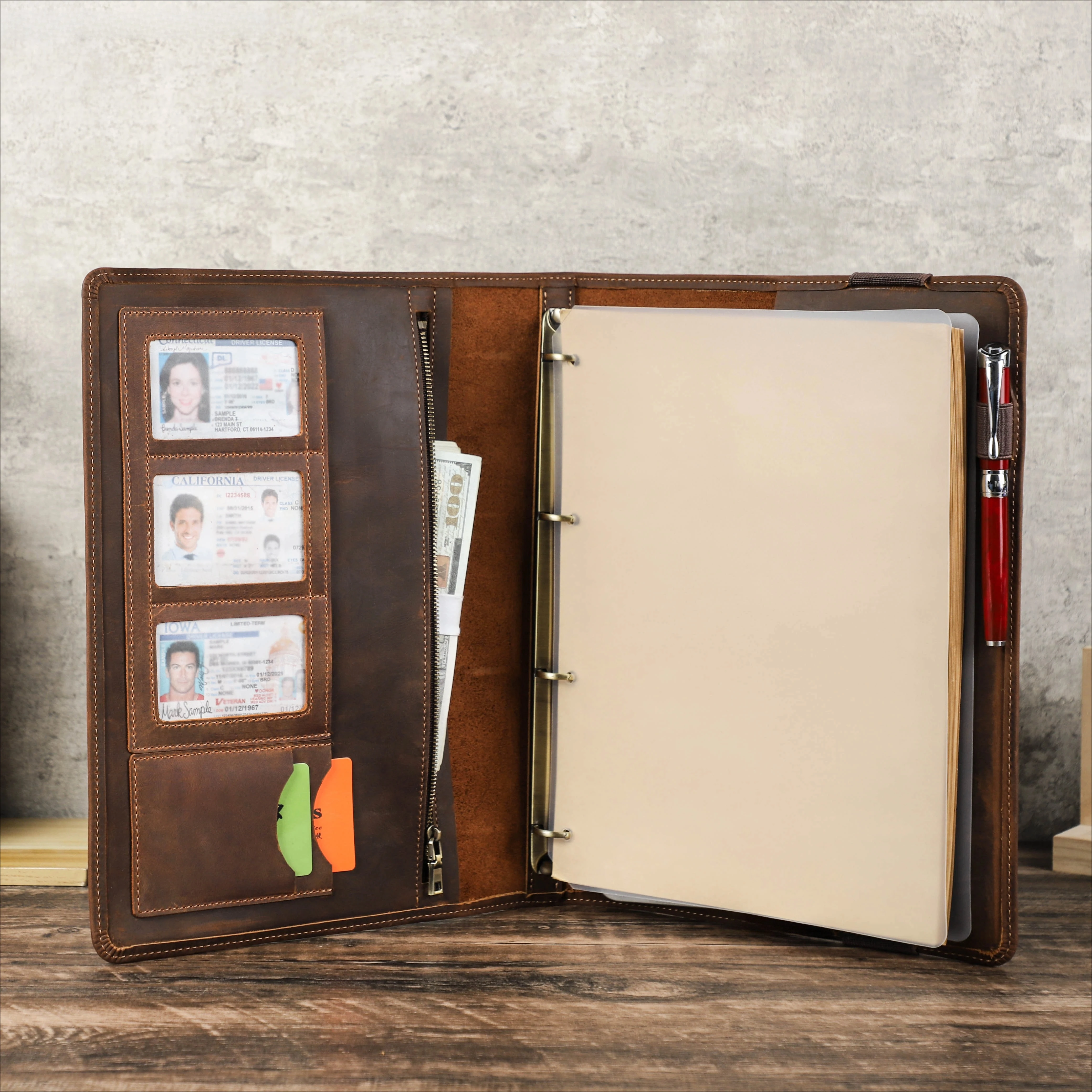 Luxury Retro Business A4 Notebook Leather Portfolio 4 Ring Binder With Pen Card Slots Paper Holder Travel Office Organizer
