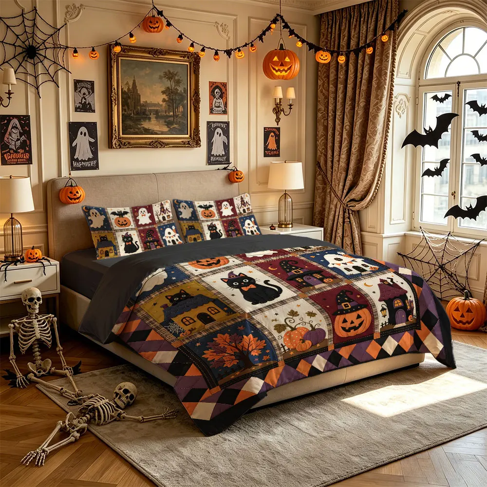 3PC  Patchwork Style Halloween Cartoon Cat Duvet Cover Set Coreless1 Duvet Cover 2 Pillowcase Bedroom Bedding Decoration - view 4