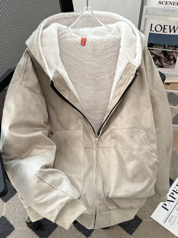 Men's Faion Thiened Faux Mink Fur Marble  Mountain Eagle Cotton Jaet Hooded Workwear Coat Warm Ci Sle Long Sve