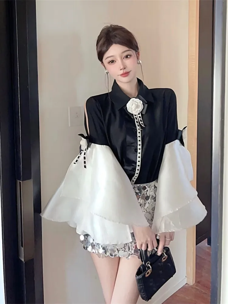 

Flare Long Sleeves Contrast Blouse Women Three Dimensional Flowers Shirts Sexy Celebrity Style Cut Out Ruffles Shirt