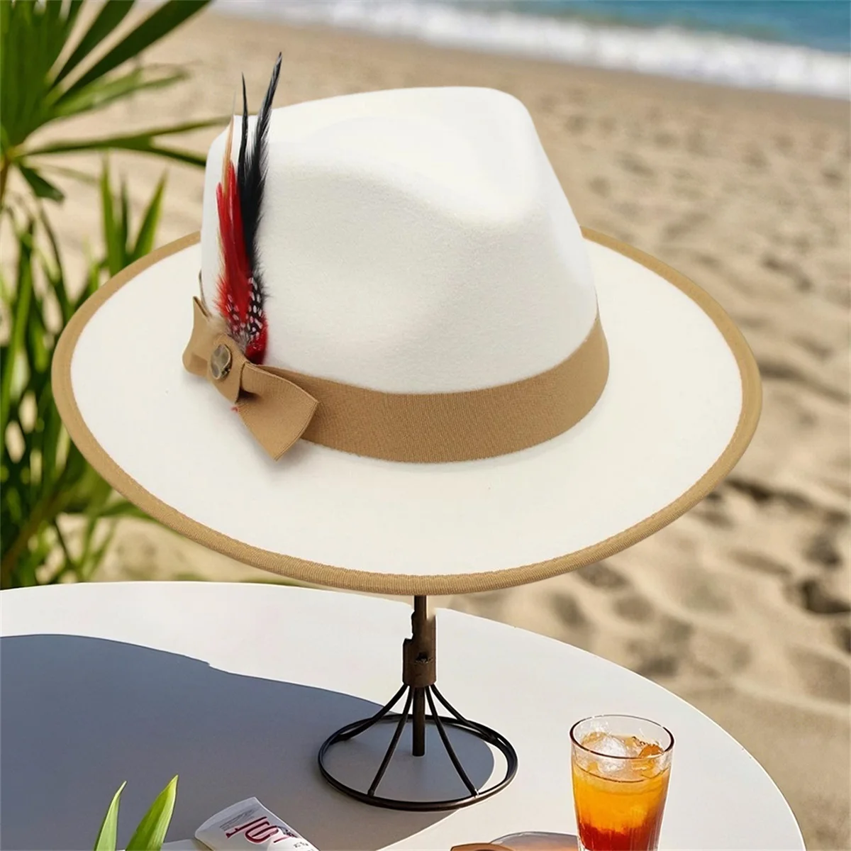 قبعة فيدورا من الصوف الكلاسيكي للنساء والرجال مع شريط ريش عتيق بحافة واسعة وقبعة جاز بنما بتصميم كلاسيكي أنيق #2