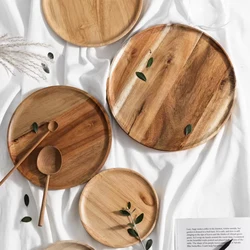 1PCS Japenese Acacia Wood Coffee Tray Food CupTrays Decorative Round  Platter Dessert Candy Wooden Dinner Plate Gongfu Tea Tray