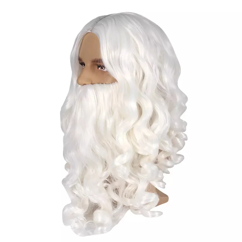 Christmas Cosplay Dress Up Santa Claus Wig Long Curly Beard Suit White Center Part Long Curly Hair Beard Suit