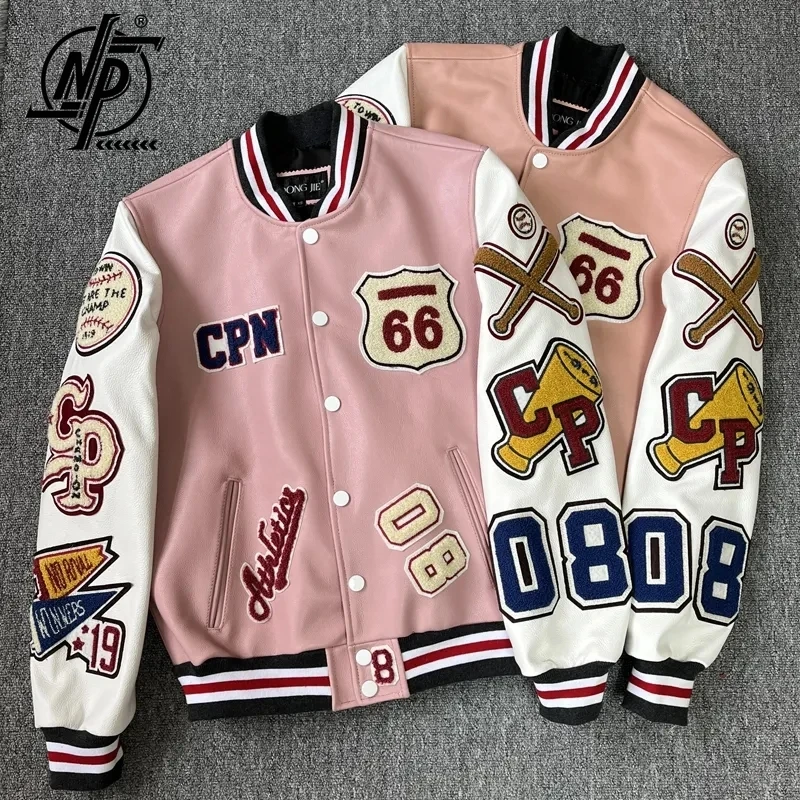 

Hip Hop Genuine Leather Jacket Men 100% Cowhide Pink Luxury Letter Embroidery Short Biker Baseball Jackets Heavy Industry 2023