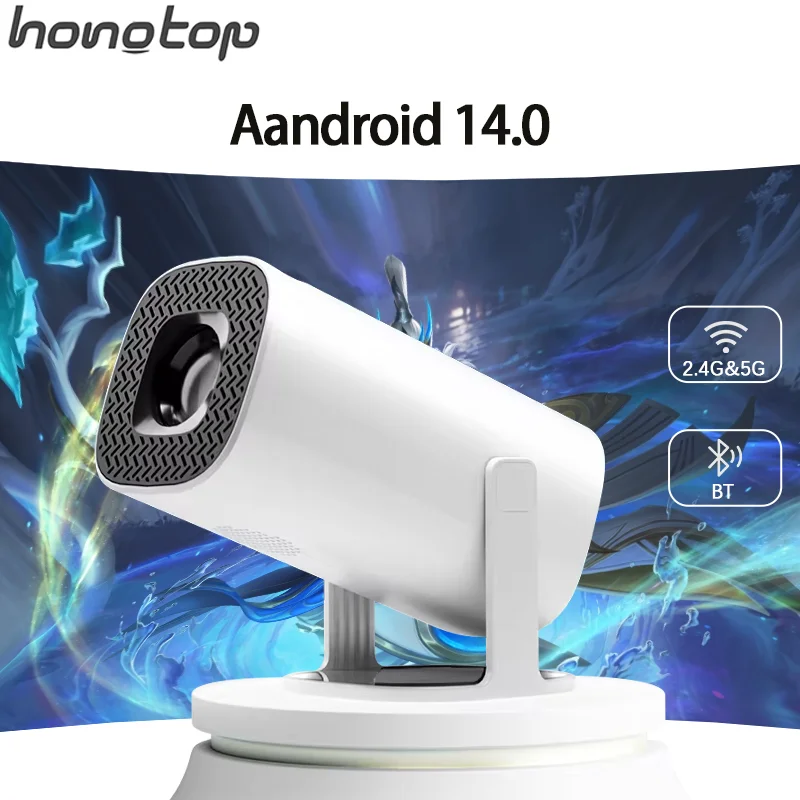 HONGTOP Smart Projector 1280x720P HD Resolution Android 14 WiFi6 4K 1080P Support Bluetooth 5.0 Portable Home Cinema Projector