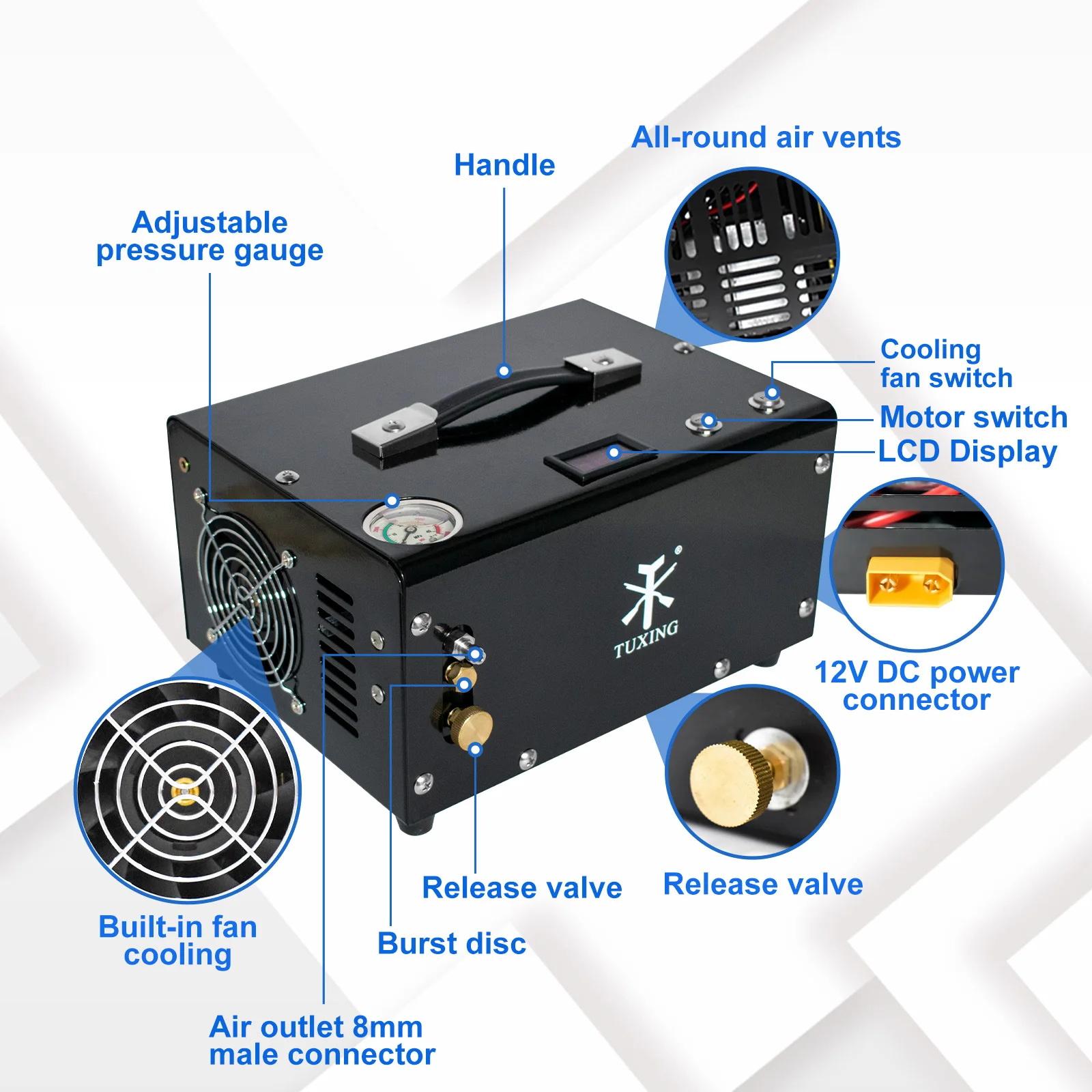 Manufacturer Direct Adjustable Pressure Gauge 4500psi/300bar/30mpa Home Car Power 12V  High Pressure Air Compressor