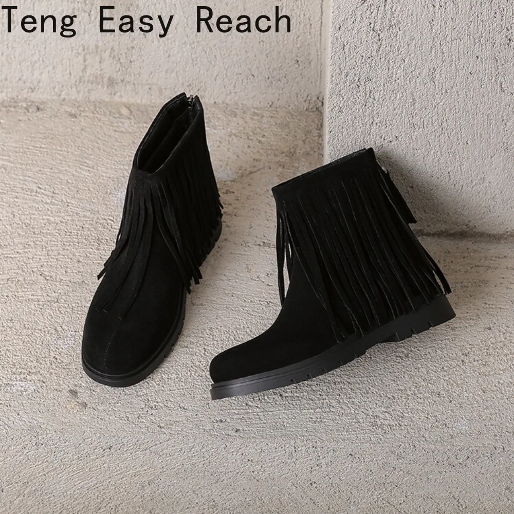 Retro Women Tassel Boots Round Toe Increased Heel 2.5cm Zipper Flock Suede Small Size 31 32 33 Casual Daily Ankle Bota