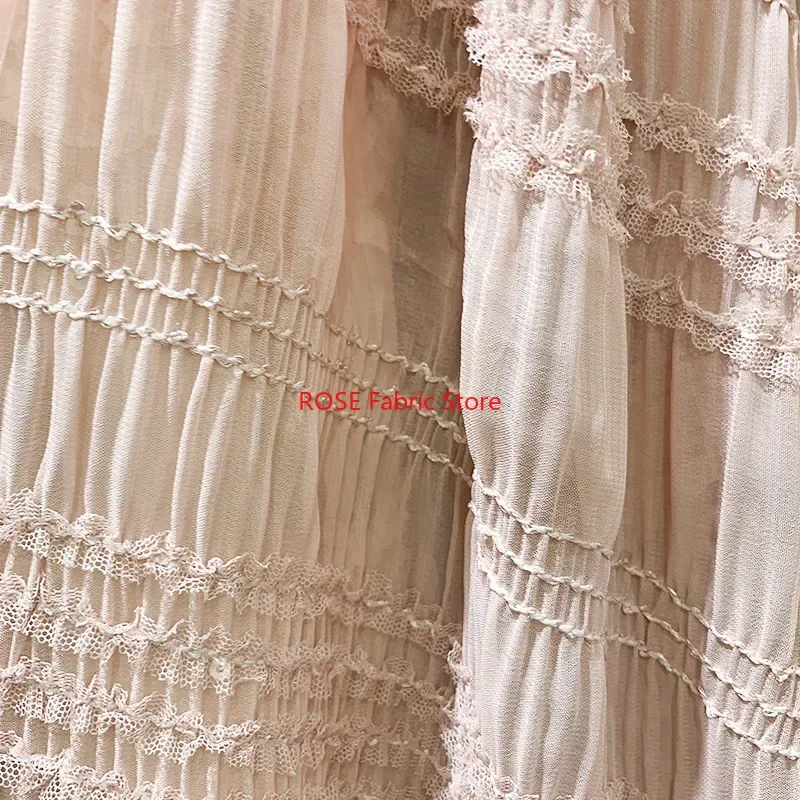 Pleated Striped Ruffle Sequins Stretch Chiffon Fabric for Blouse, Lace Top, Spring Dress, Beach Dress, Fashion Show