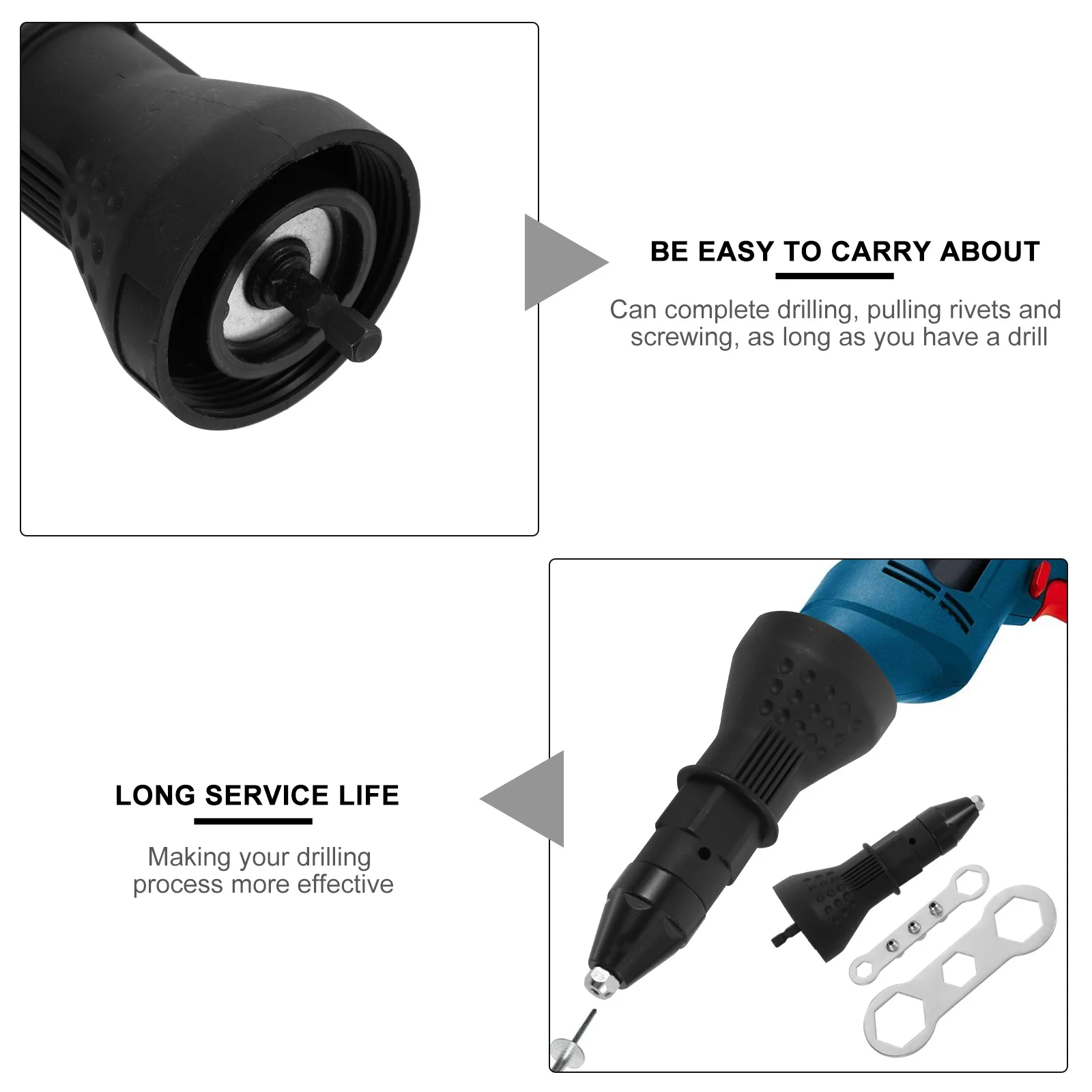 

1Set Electric Rivet Adapter Black High Strength Drill Attachment for Efficient Pulling Drilling Screw Fixing Low Noise Cordless