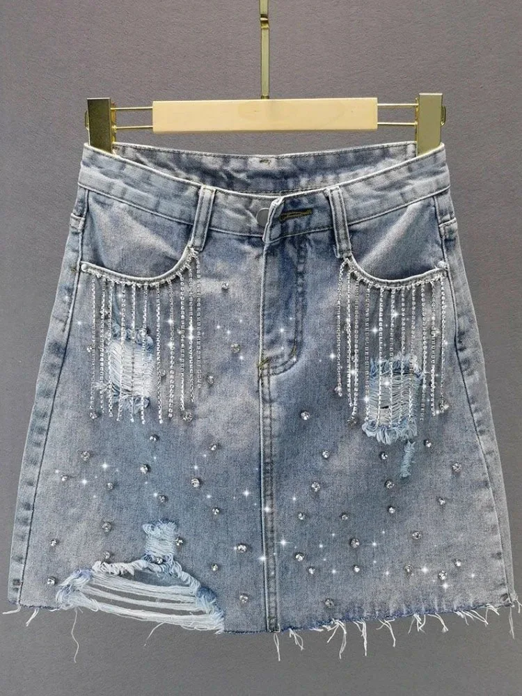 Women's Ripped Denim Skirt High Waist Slim Fit Diamond Embellishment Fringe Trim European Style Party Dress For Summer 2026