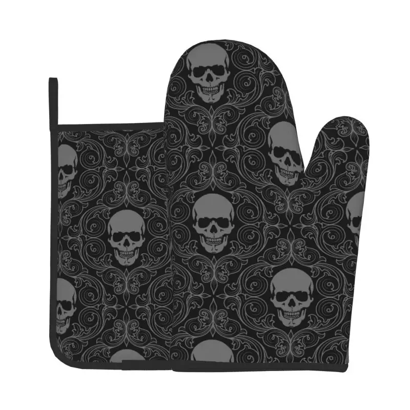 

Gothic Skull Flower Black Oven Mitts and Pot Holders Sets of 2 High Heat Resistant Oven Mitts with Oven Gloves and Hot Pads