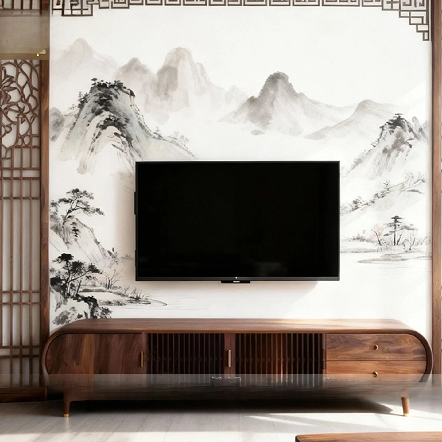 New Chinese-style North American black walnut, living room TV cabinet, wall-to-wall floor cabinet