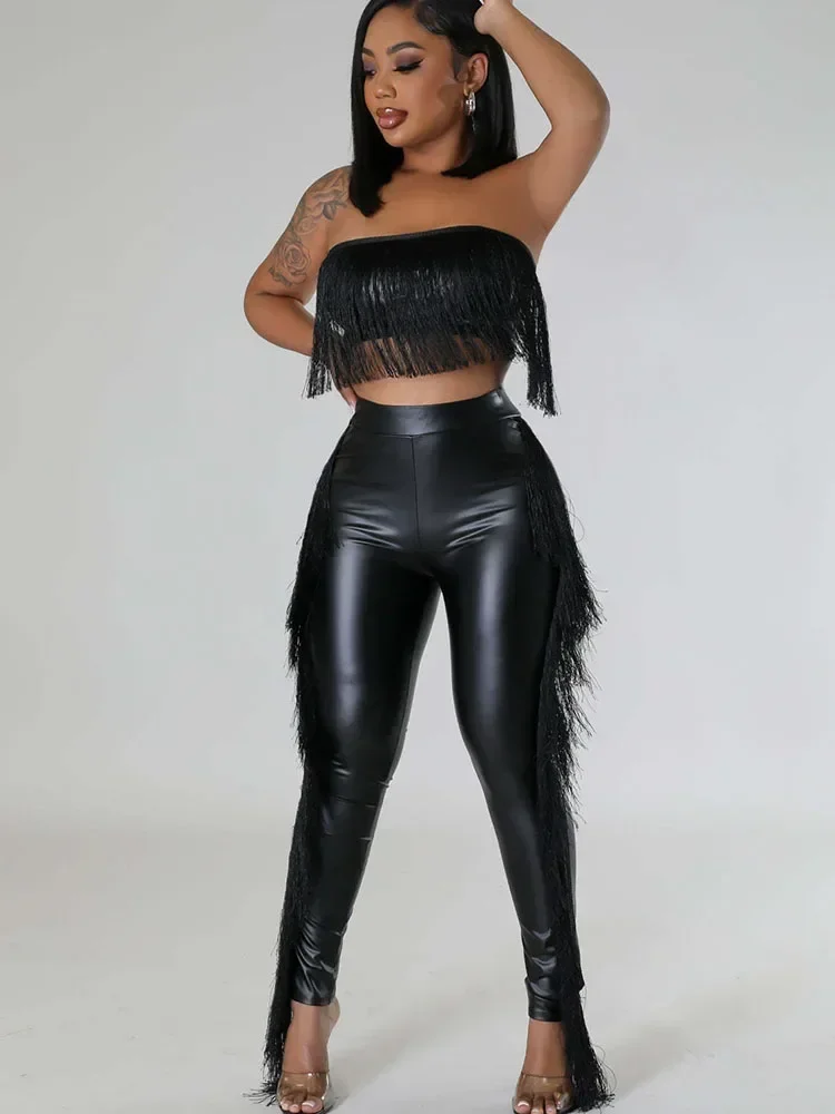 Sexy Metallic Tassels Pants Set Women 2 Piece Birthday Outfits Clubwear Strapless Crop Top and Pants Matching Sets Y2k Mujer