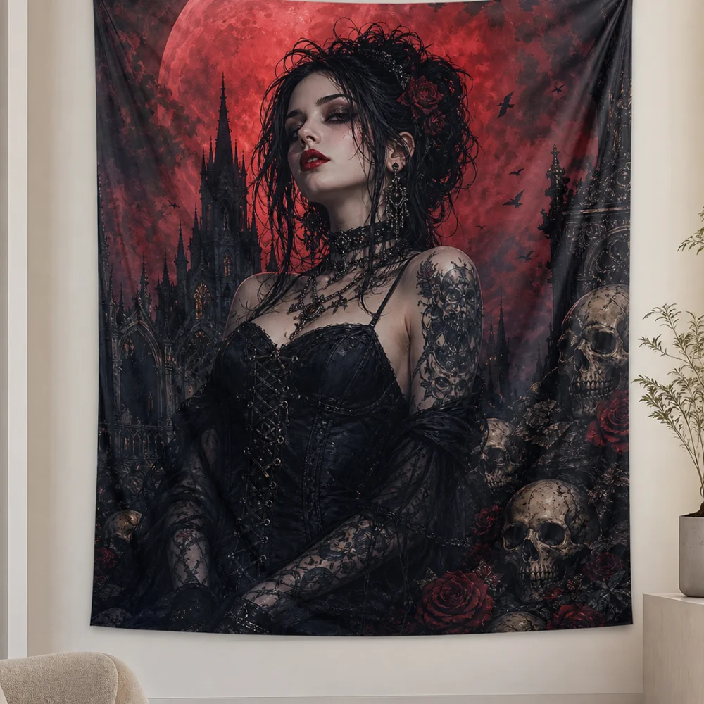 Red Moon Castle Skeleton Rose Gothic Girl 150X100CM Customizable Printed Tapestry Dormitory Subcultural Wall Background Cloth