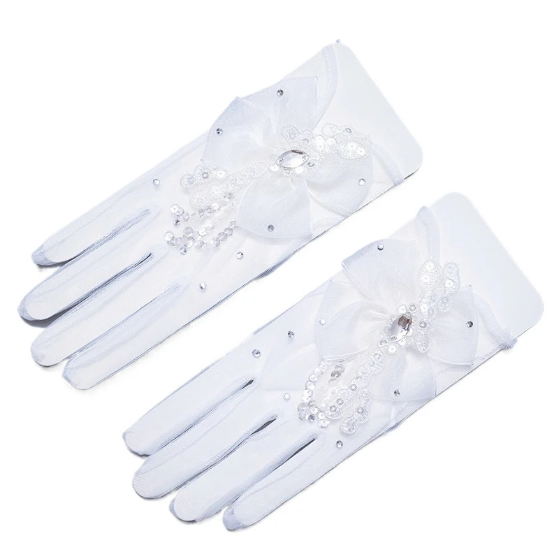 New bow diamond gauze gloves white mesh bag finger bride short sleeves