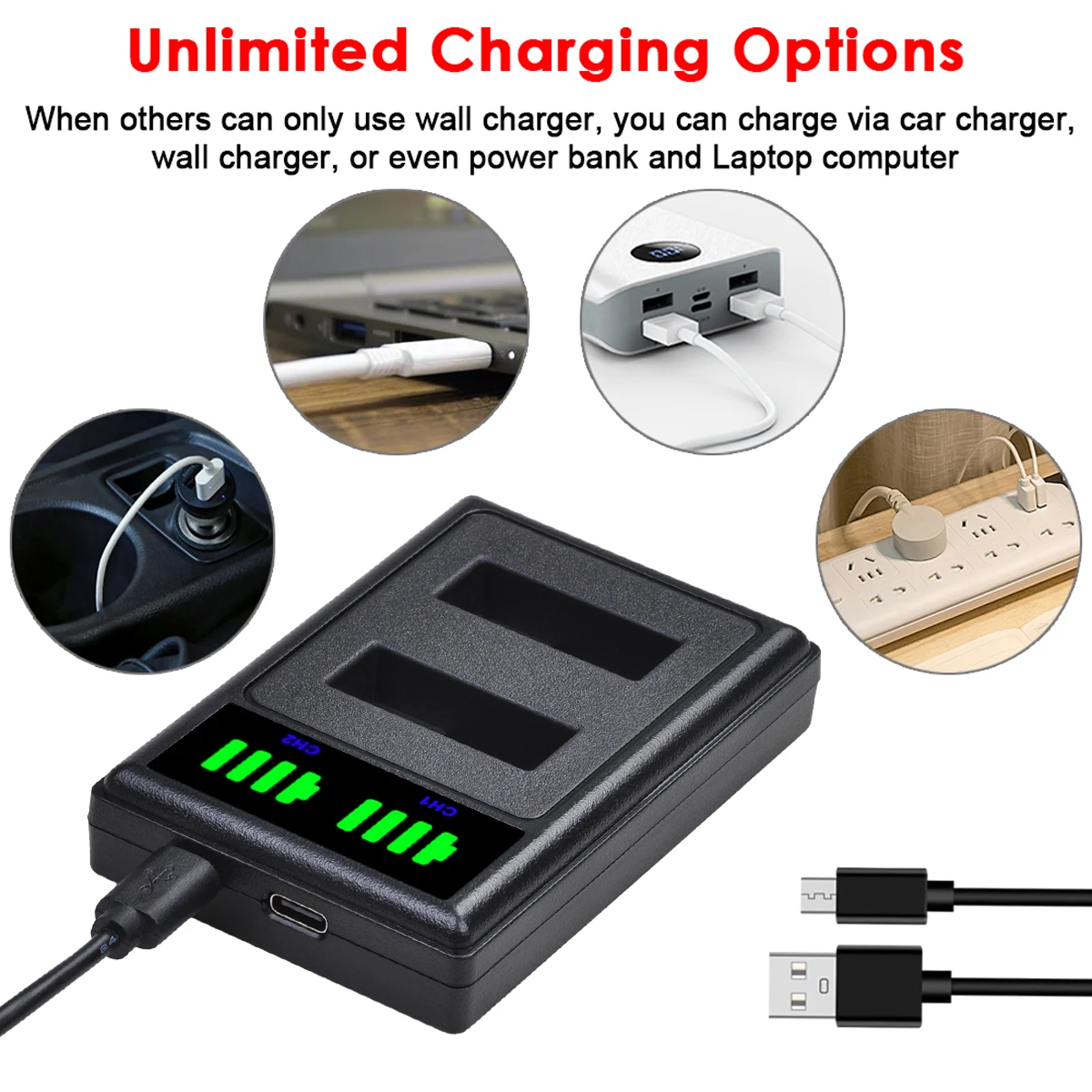 بطارية 1600 مللي أمبير AHDBT-501 + شاحن مزدوج LED لبطارية Gopro Hero 5، Hero 6، Hero 7 Black، Hero 2018 Go pro Hero7