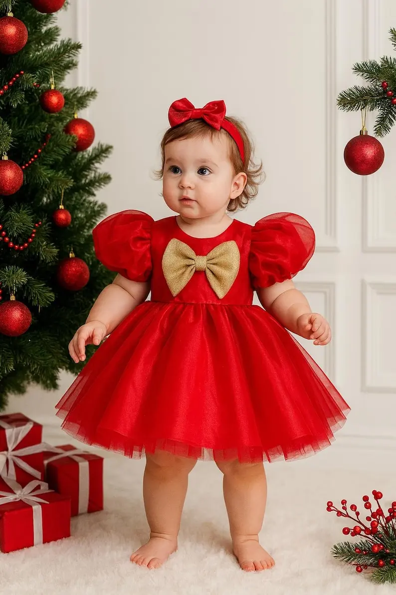 

Flower Girls Dress Red Christmas Baby Girl Dress, Toddler Holiday Outfit, Puffy Party Gown for Wedding Party
