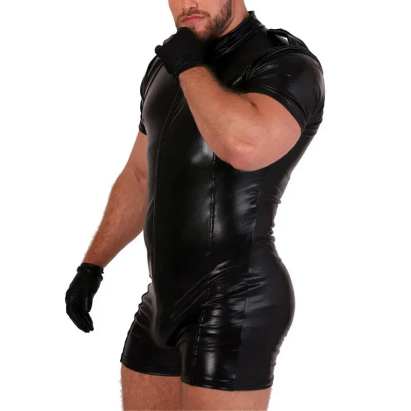 Mens PU Leather Zipper Bodysuit Wetlook Latex Catsuit Short Sleeve Stretch Bodysuits Singlet Sexy Black Clubwear Undershirts 3XL