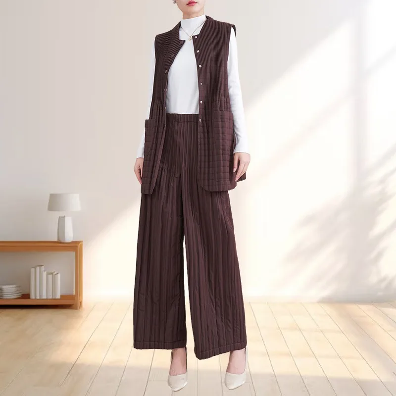 

Miyake тонкий хлопковый жилет средней длины, плиссированный клетчатый топ, куртка, брюки, утепленный хлопковый костюм, женское пальто без морщин