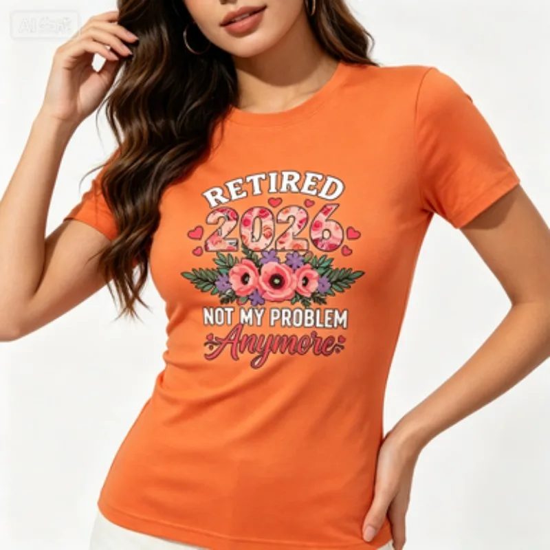 Female Slim‑fit Round‑neck Tee Funny Retirement Slogan Pink Blossom Element Print Summer Casual Short Sleeve Tops