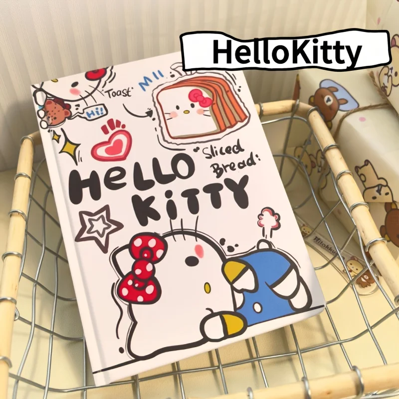 A Charming Hello Kitty A5 Hardcover Notebook with Thick Colored Pages, Featuring Designs of Cherry Blossoms, Toast