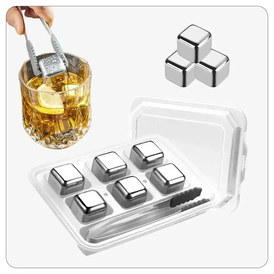 

6 Piece Whiskey Ice Cubes Set with Silicone Head Tongs and Ice Cube Trays Stainless Steel Ice Cubes Reusable