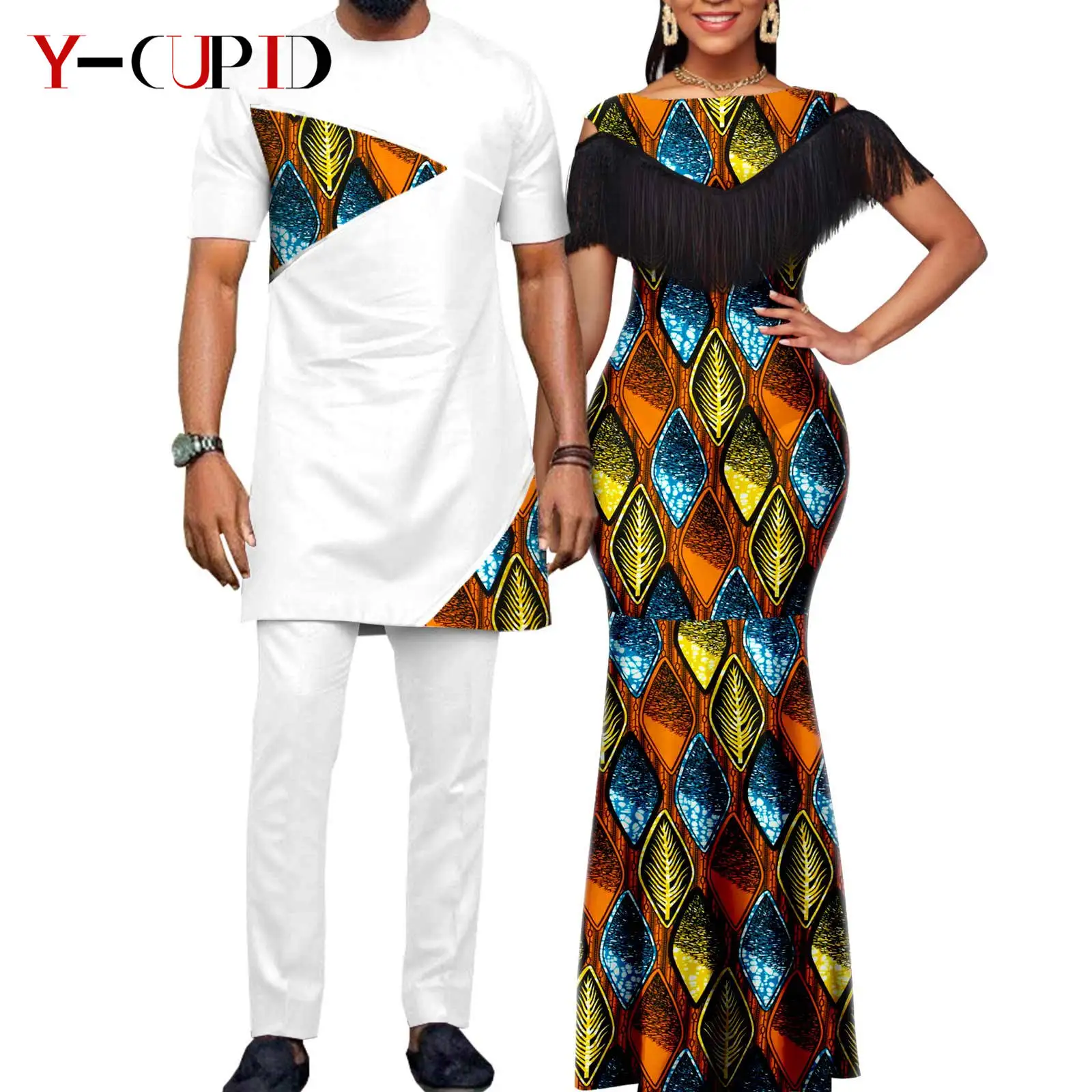 African Dresses for Women Matching Couple Outfits Bazin Riche Dashiki Slim Tassel Print Long Dresses for Party Vestidos Y23C009