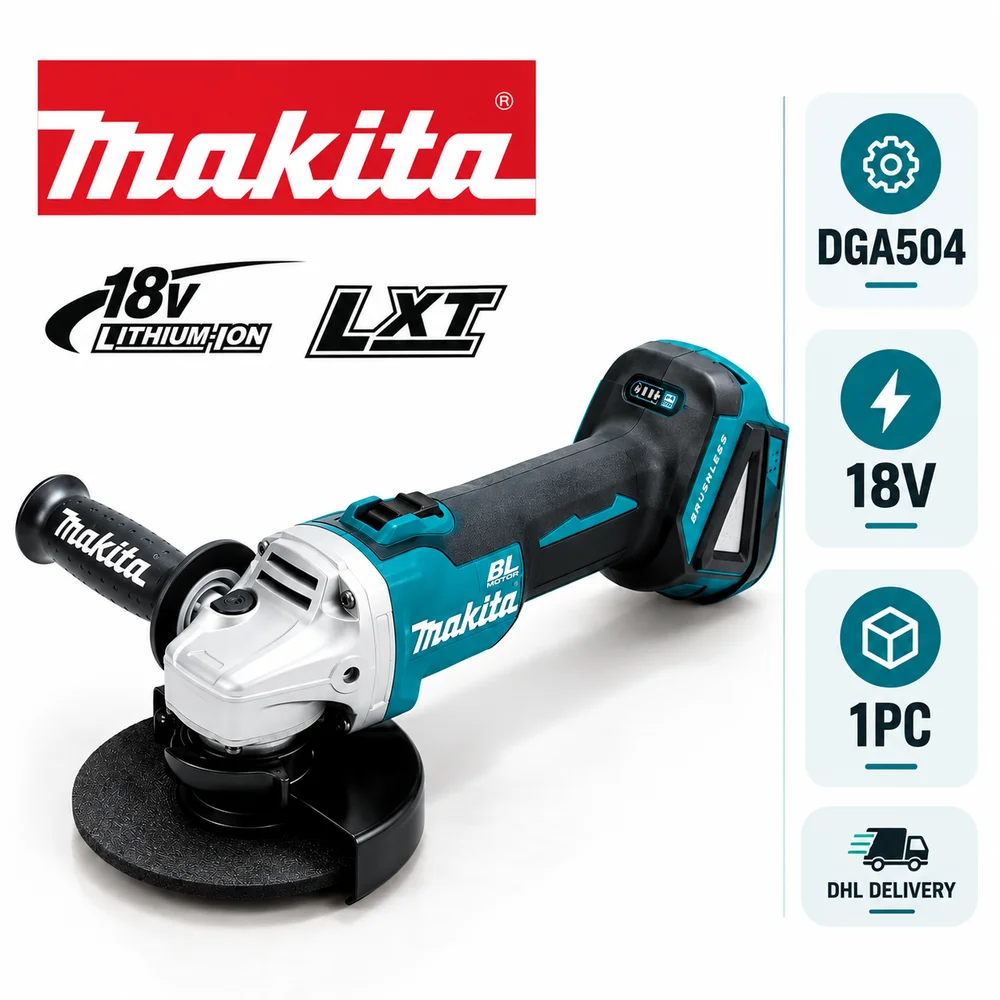 Smerigliatrice angolare a batteria Makita DGA504, utensile LXT 18V senza spazzole con 1 utensile incluso, opzioni batteria BL1860B, caricabatterie rapido DC18RC o caricabatterie standard