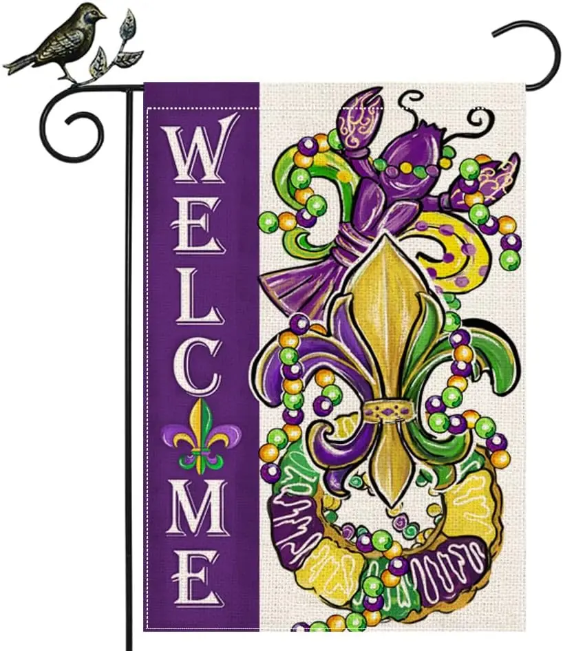 GEEORY Mardi Gras Garden Flag 12.5 x 18 Inch, Fleur de Lis Beads Masquerade Mask Carnival Celebration Double Sided Decorative Fl