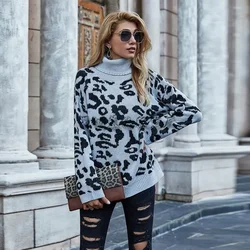 Autumn and winter new explosive models leopard print knit sweater loose big yards OL commuting pullover high neck sweater women