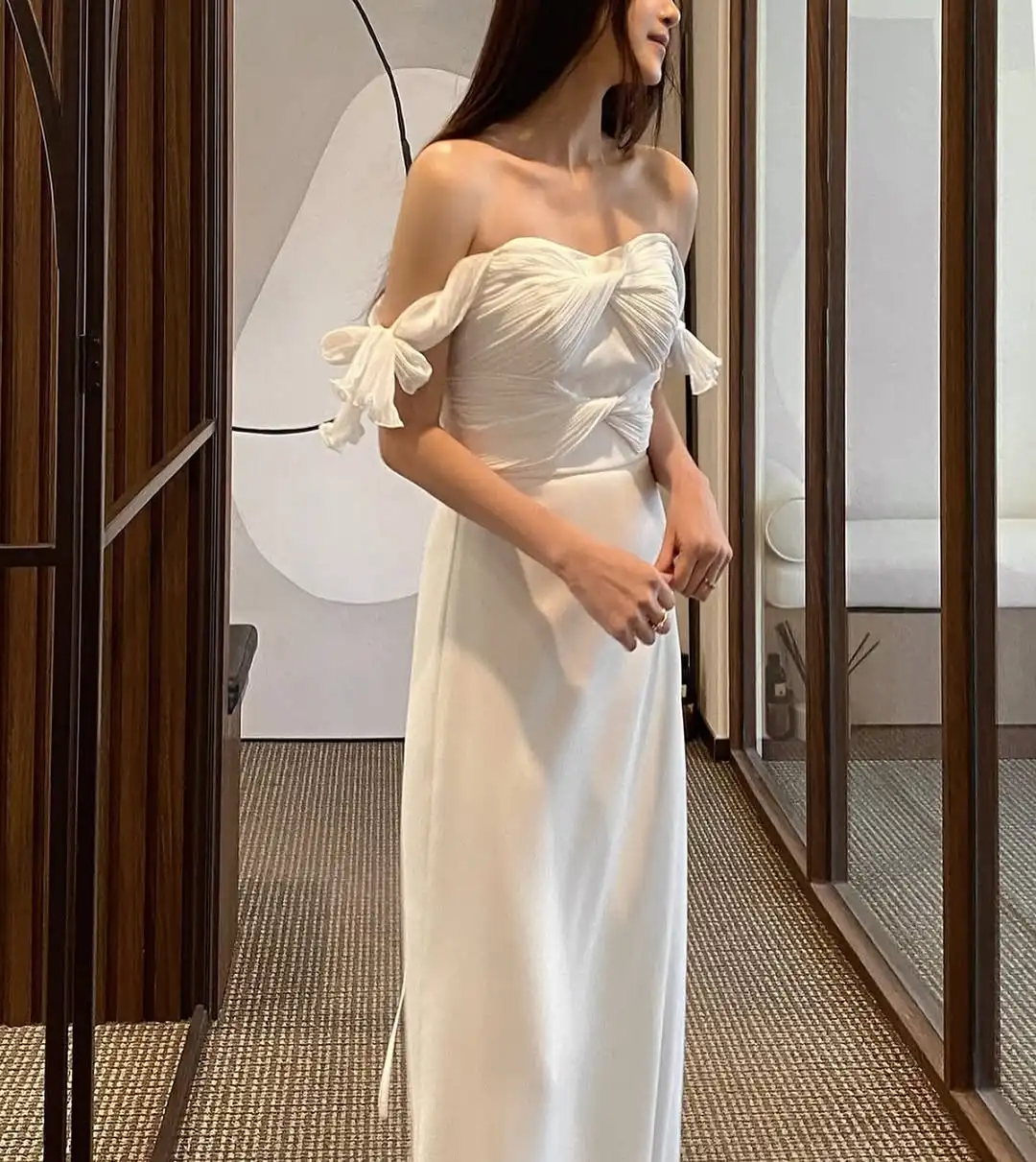 MODX Elegant Korea Sweetheart A-Line ชุดแต่งงานปิดไหล่โบว์จีบ เกาหลีถ่ายภาพที่กําหนดเองชุดเจ้าสาว